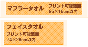 マフラータオル プリント可能範囲 95x16cm以内、フェイスタオル プリント可能範囲 74x30cm以内